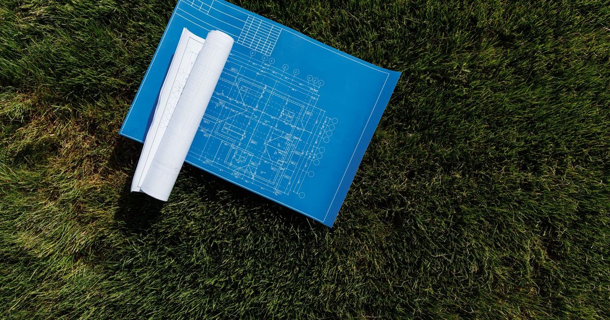 Rolled blueprints lying on green grass